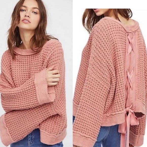 Free People | Maybe Baby Mauve Waffle Knit Bell Sleeve Lace Up Sweater - Picture 12 of 12